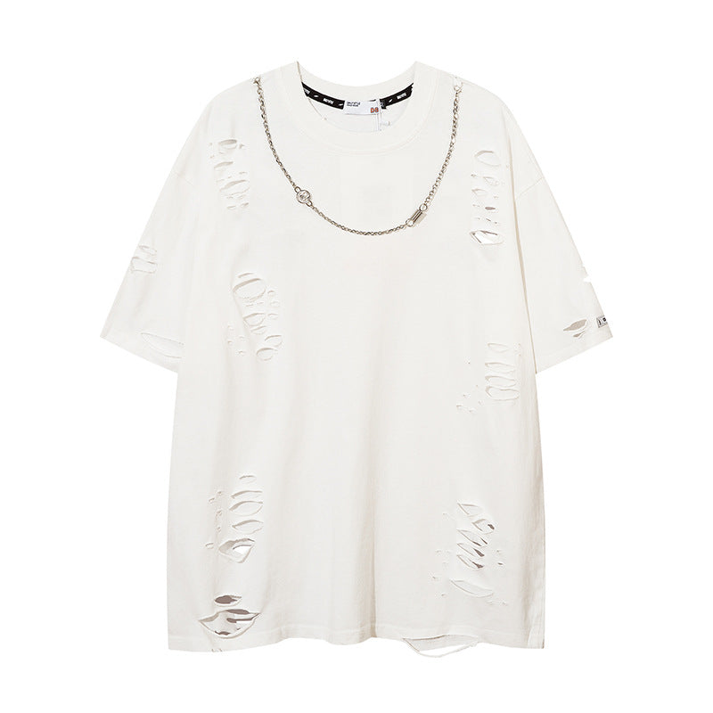 Ripped solid color short sleeves-D461