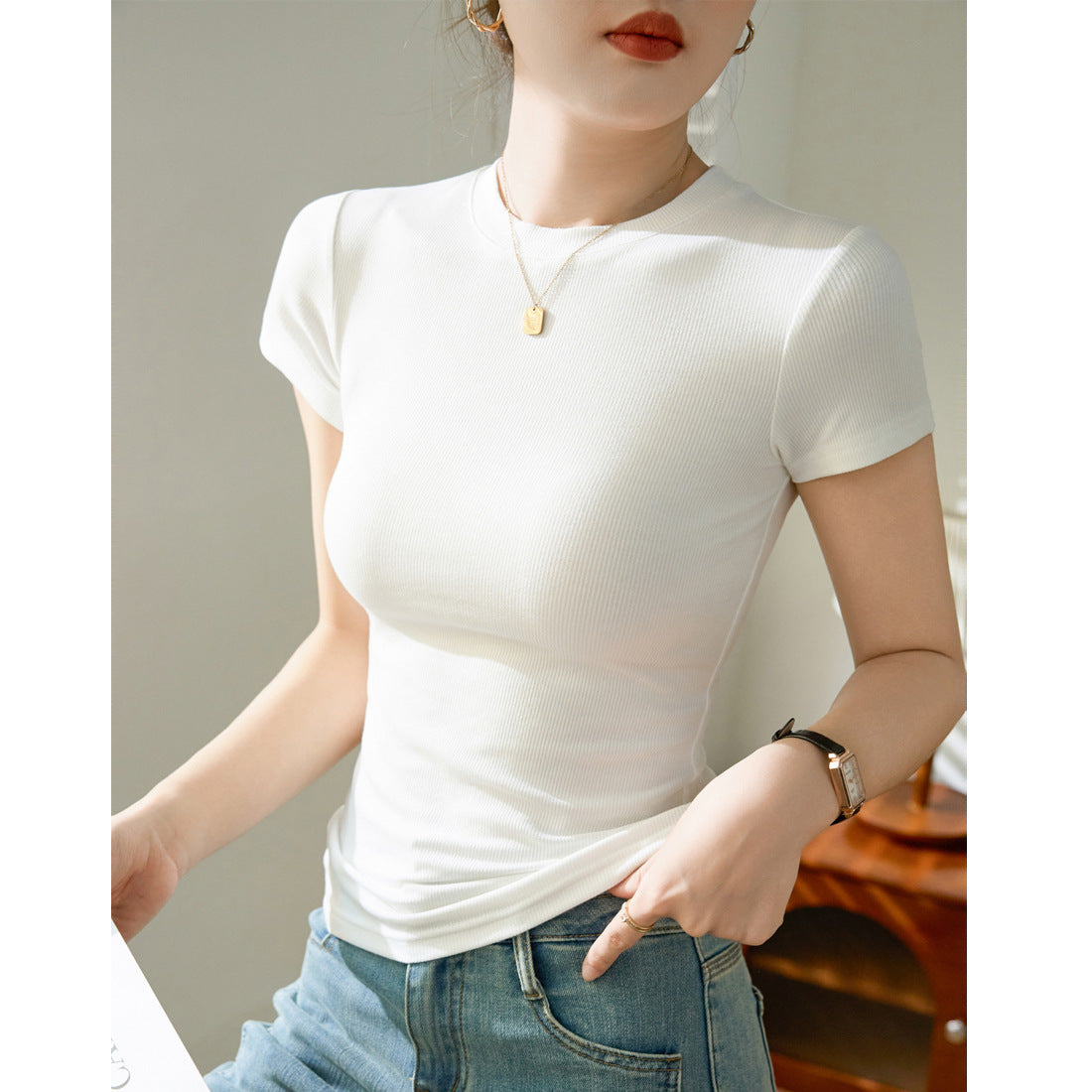 Solid color skinny top-D829