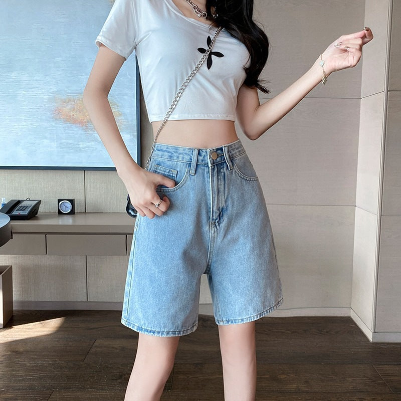 High-rise denim shorts-D813