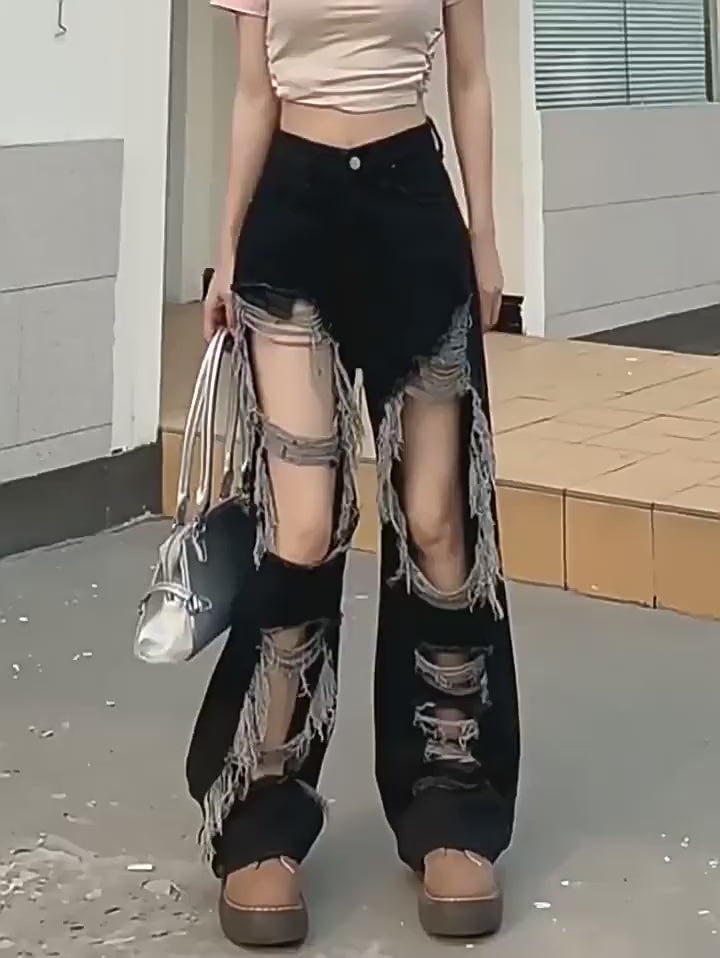 Ripped denim pants-D589